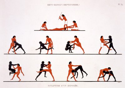 Top: Punishing a Native Man with a Stick, Bottom: Various Wrestling Poses by Frederic Cailliaud